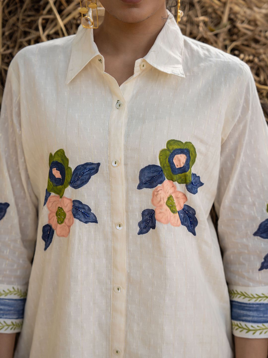 Dhiyona IE Floral Printed Shirt Collar Pure Cotton Tunic With Trouser