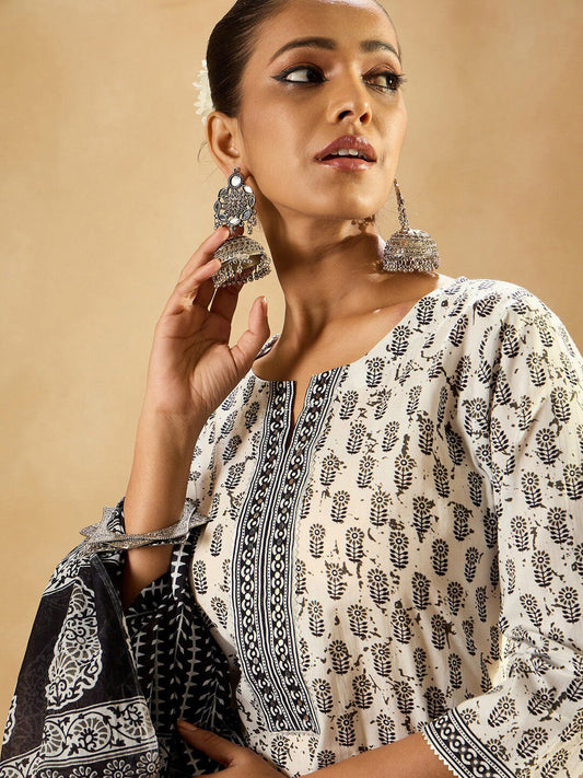 Dhiyona IE Floral Printed Mirror Work Pure Cotton Kurta with Palazzos & With Dupatta