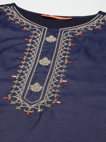 Women Navy Blue Yoke Embroidered Kurta with Palazzos & Dupatta