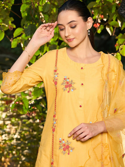 Floral Embroidered Pure Cotton Straight Kurta With Trousers & Dupatta