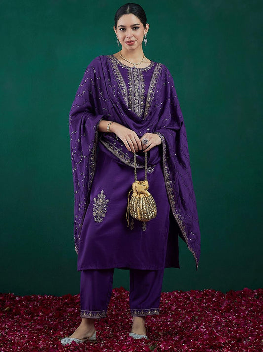 Dhiyona IE Ethnic Motifs Embroidered Zari Straight Kurta With Trousers & Dupatta