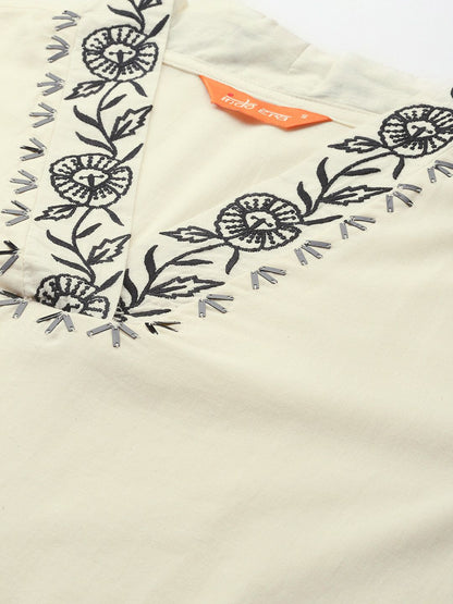 Floral Embroidered Thread Work Pure Cotton Kurta with Trousers & With Dupatta
