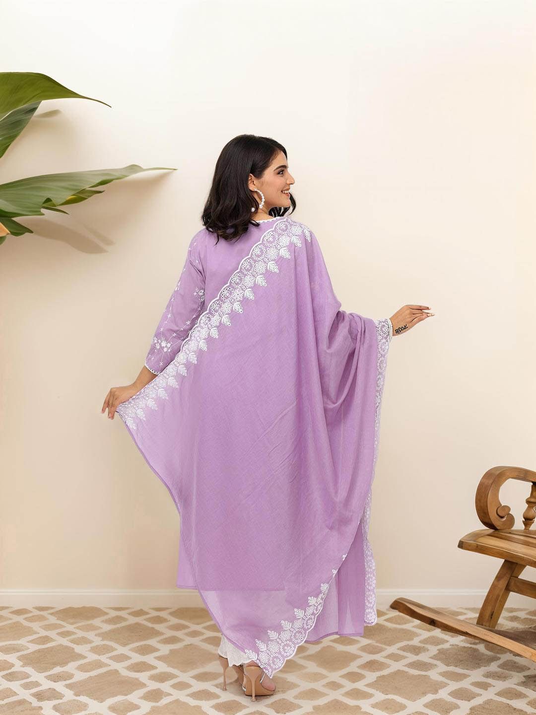 Dhiyona IS Women's Floral Embroidered Pure Cotton Straight Kurta With Trousers & Dupatta