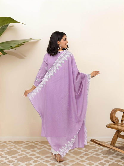 Dhiyona IS Women's Floral Embroidered Pure Cotton Straight Kurta With Trousers & Dupatta