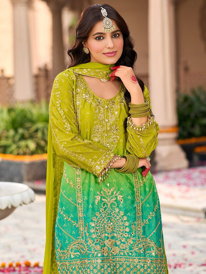 Floral Embroidered Zari Straight Kurti With Palazzos And Dupatta