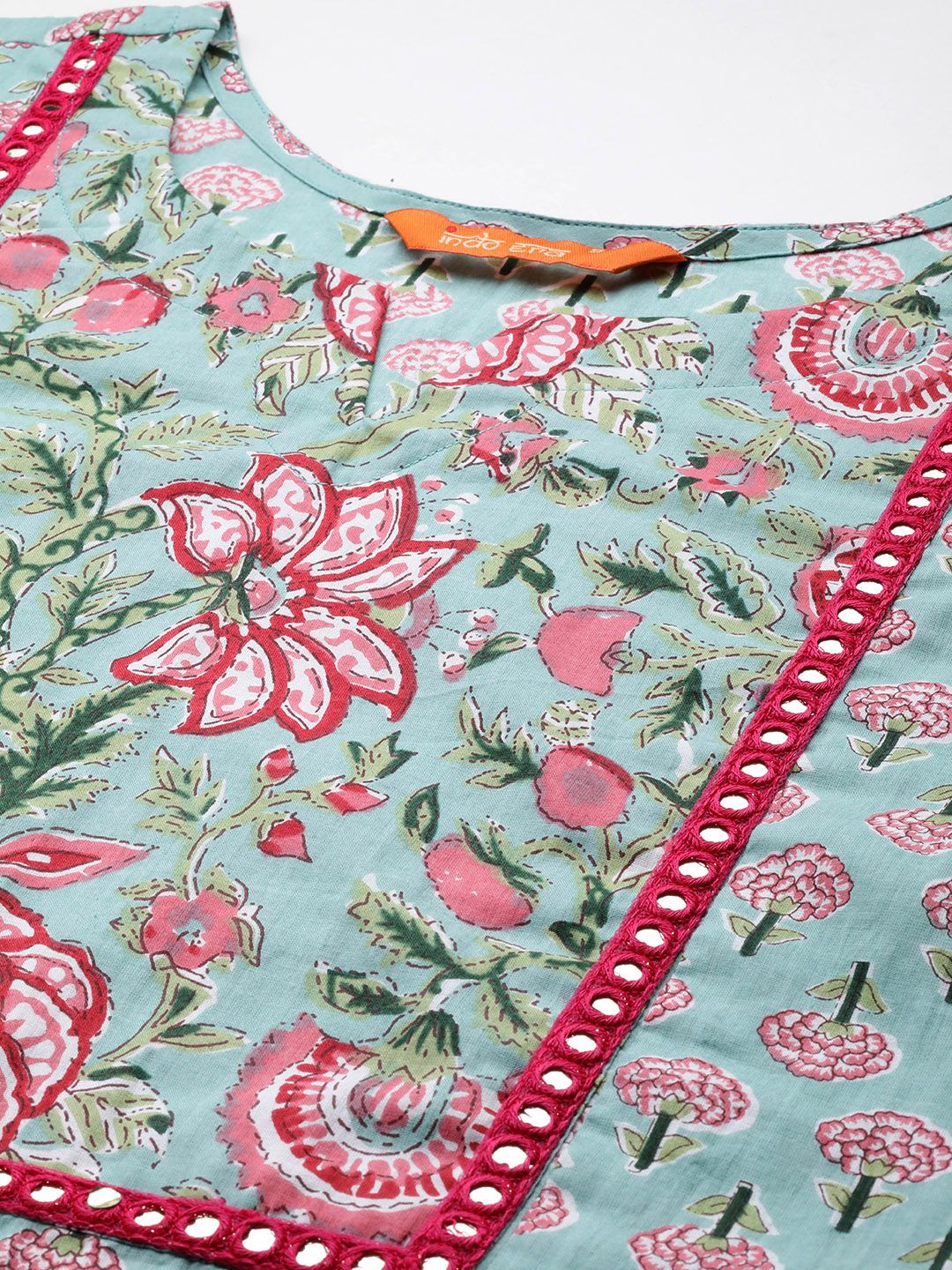 Dhiyona IE Women Floral Printed Mirror Work Pure Cotton Kurta with Trousers & With Dupatta