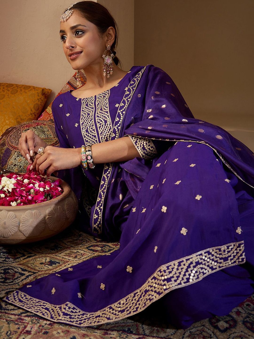 Ethnic Motifs Embroidered Sequinned Kurta with Trousers & With Dupatta