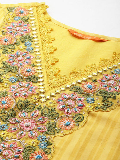 Floral Embroidered Thread Work Linen Kurta with Trousers & With Dupatta