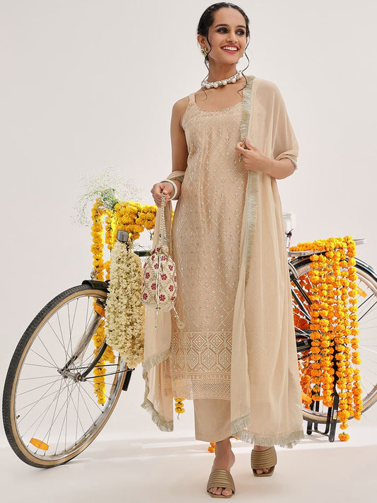 Dhiyona VA Women'sEthnic Motifs Embroidered Sequinned Kurta & Trousers With Dupatta