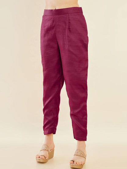 Dhiyona SO Women's Maroon Ethnic Motifs Embroidered Regular Sequinned A-Line Kurta With Trousers