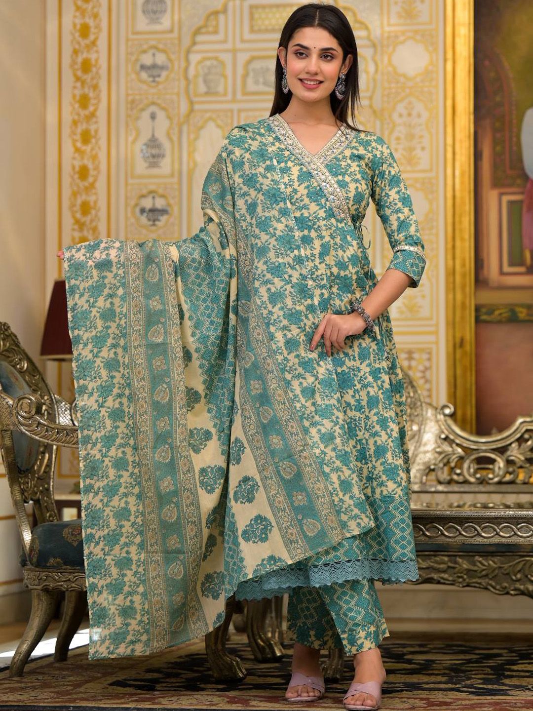 Dhiyona VA Women'sEthnic Motifs Printed Mirror Work Pure Cotton Kurta with Trousers & Dupatta