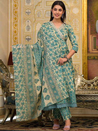 Dhiyona VA Women'sEthnic Motifs Printed Mirror Work Pure Cotton Kurta with Trousers & Dupatta