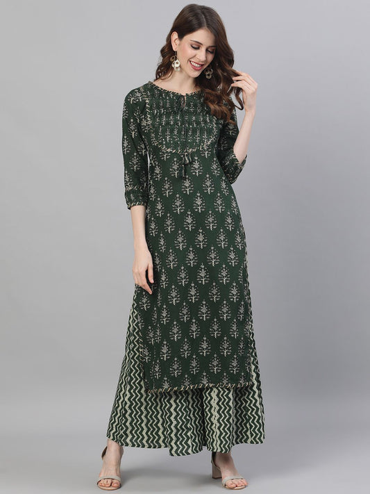 Dhiyona IS Women's Women Olive Green Beige Printed Tuck Detailed Kurta Palazzos