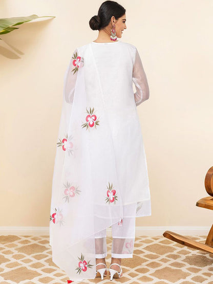 Dhiyona IS Women's Floral Printed Tie Up Neck Straight Kurta With Trousers & Dupatta