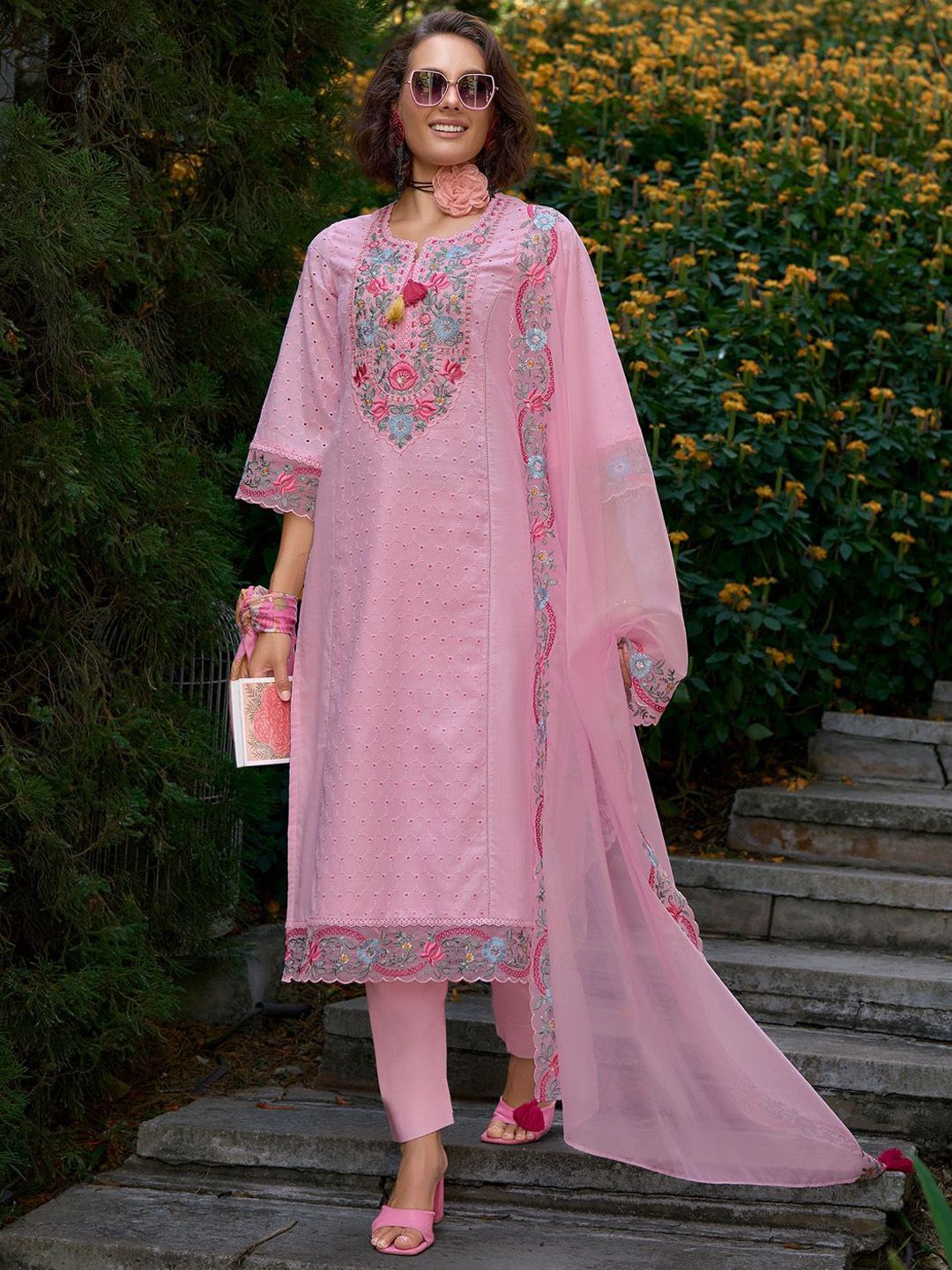 Women Floral Embroidered Regular Pure Cotton Kurta with Trousers & Dupatta