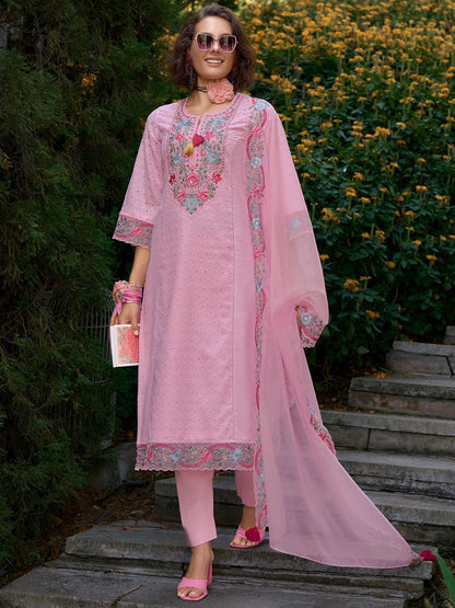 Women Floral Embroidered Regular Pure Cotton Kurta with Trousers & Dupatta