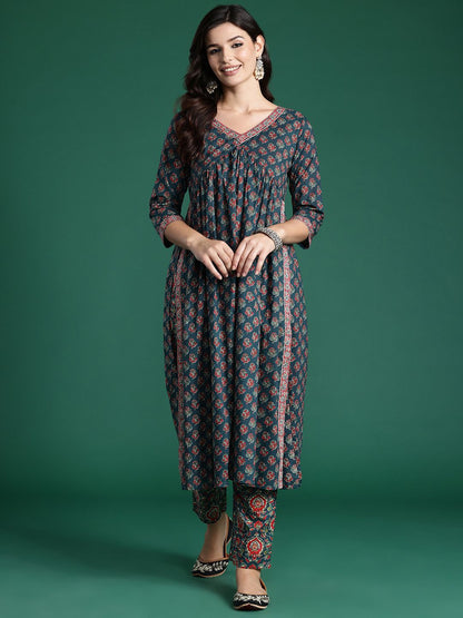 Ethnic Motifs Printed Empire Pure Cotton Kurta with Trousers