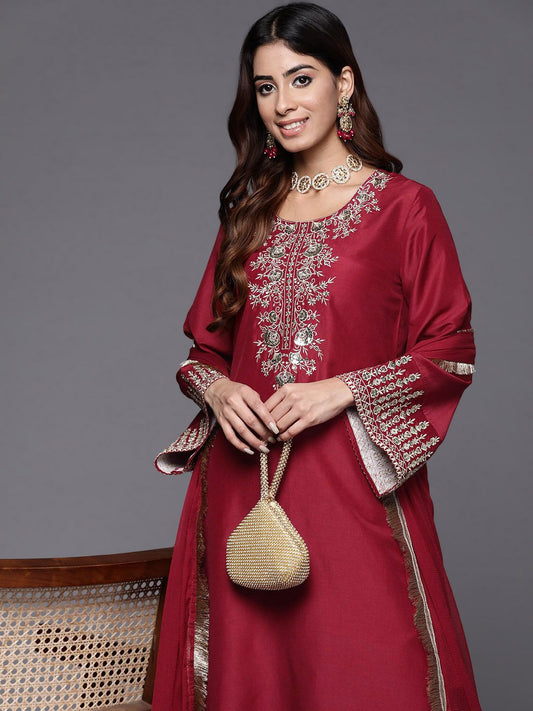 Dhiyona VA Women'sFloral Embroidered Zari Kurta with Trousers & Dupatta