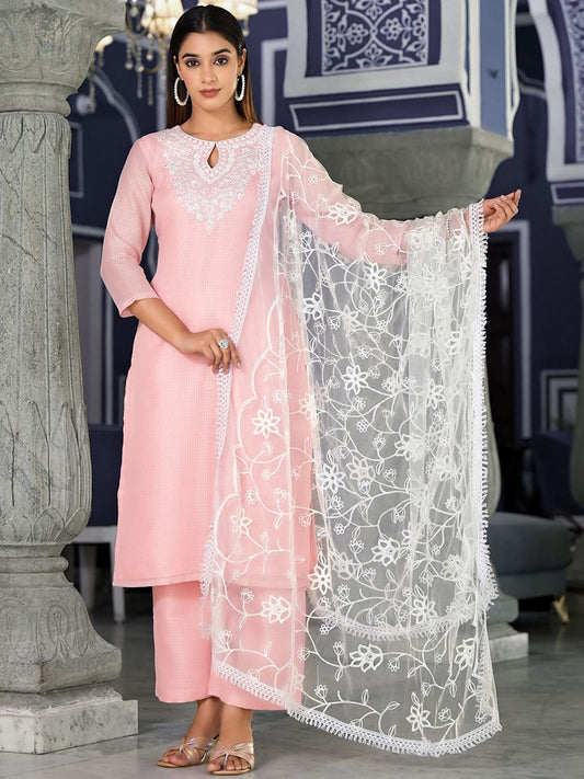 Dhiyona VA Women'sEthnic Motifs Embroidered Regular Thread Work Kurta with Trousers & Dupatta