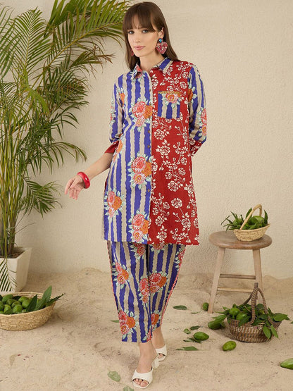 Dhiyona IE Printed Pure Cotton Straight Tunic & Trousers Co-Ord Set