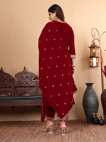 Dhiyona VA Women'sMaroon Floral Yoke Design Sequinned Velvet Straight Kurta with Trousers & Dupatta