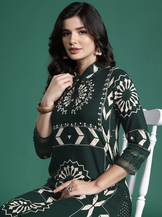 Dhiyona IE Floral Printed Sequinned Kurta with Trousers