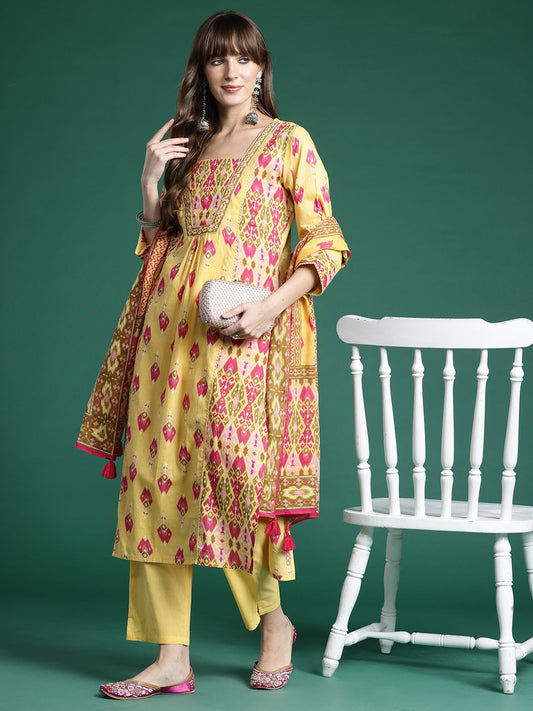 Dhiyona IE Printed Panelled Sequinned Pure Cotton Kurta With Trousers & Dupatta