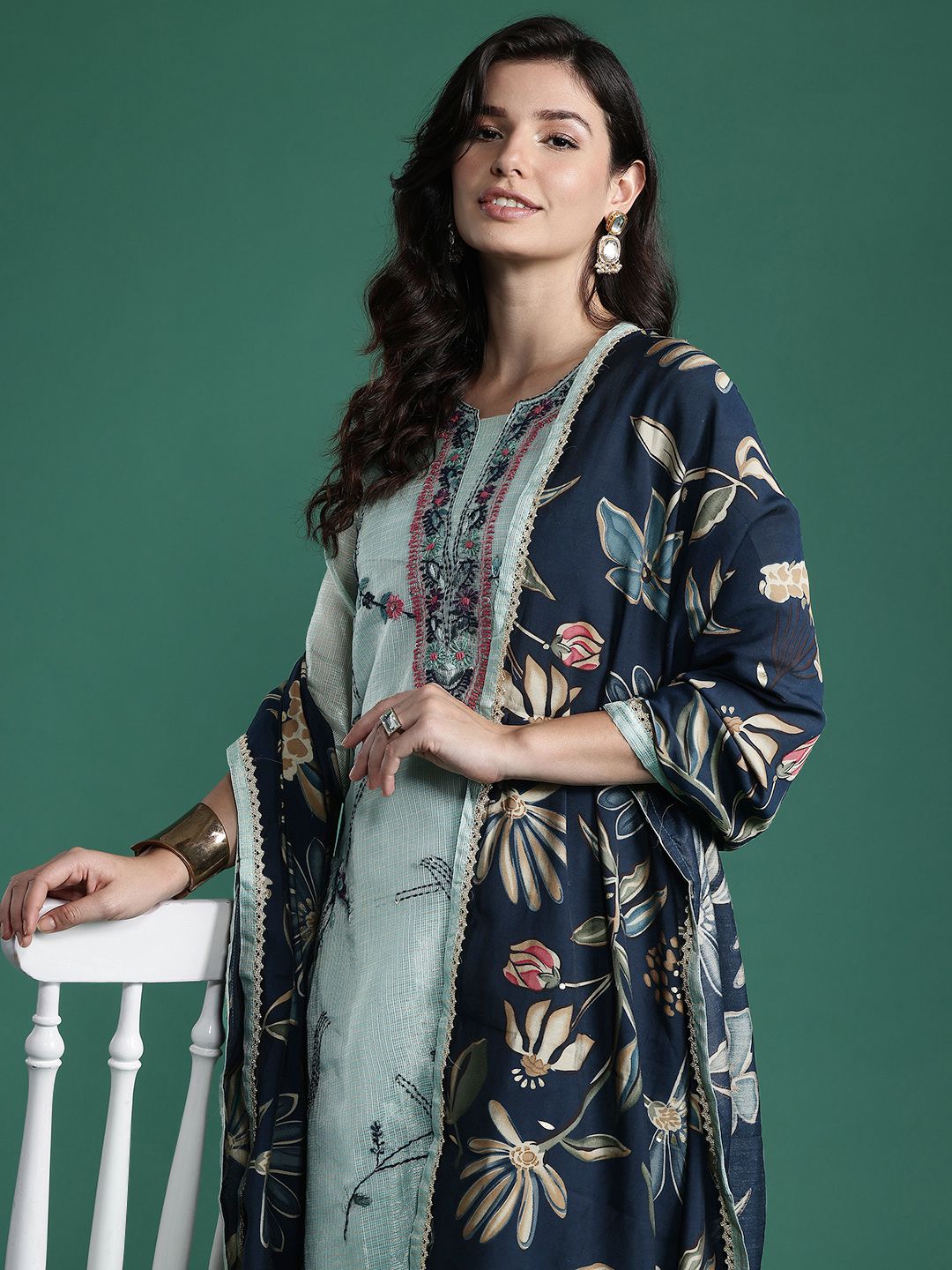 Dhiyona IE Floral Embroidered Thread Work Pure Cotton Kurta with Trousers & With Dupatta