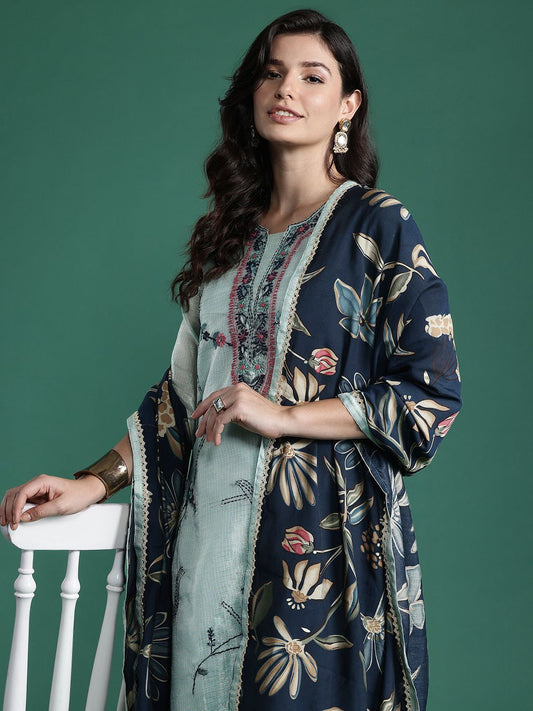 Dhiyona IE Floral Embroidered Thread Work Pure Cotton Kurta with Trousers & With Dupatta