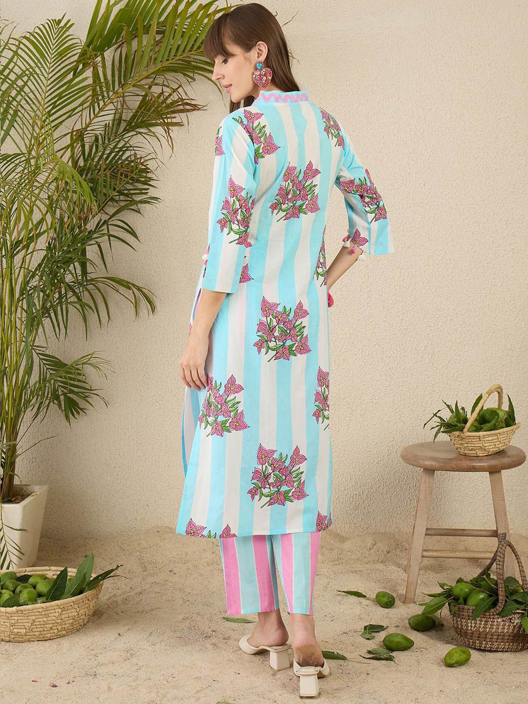 Floral Screen Printed V-Neck Pure Cotton Straight Kurta With Trousers