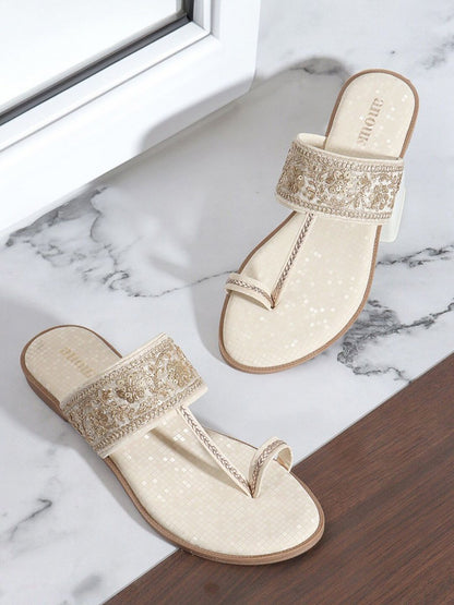 Dhiyona AK Cream-Coloured Embellished Open Toe Flats