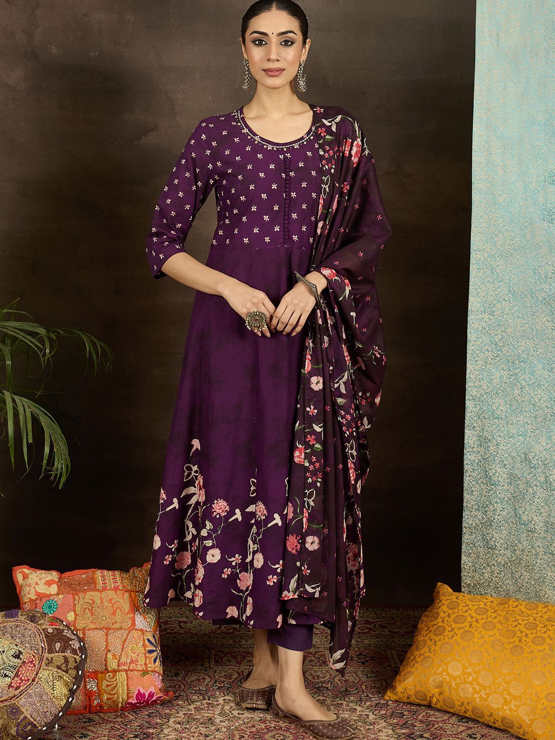 Floral Printed Pure Cotton Anarkali Kurta With Trousers & Dupatta