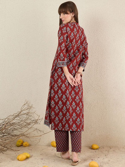 Dhiyona IE Women Floral Printed Cotton Kurta with Trousers