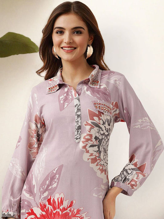 Dhiyona IS Women's Floral Printed Shirt Collar Straight Kurta With Trousers