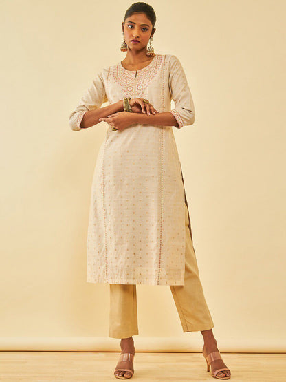 Dhiyona SO Women's Cream Floral Embroidered Thread Work Straight Kurta With Trousers & Dupatta
