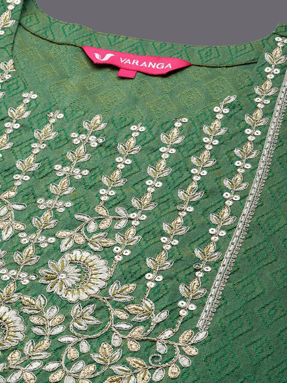 Dhiyona VA Women'sGeometric Woven Design Thread Work Straight Kurta With Trousers & Dupatta