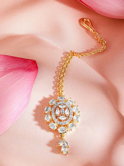 Dhiyona RJ Women's 18K Gold-Plated White Cubic Zirconia Studded Maang Tikka Head Jewellery