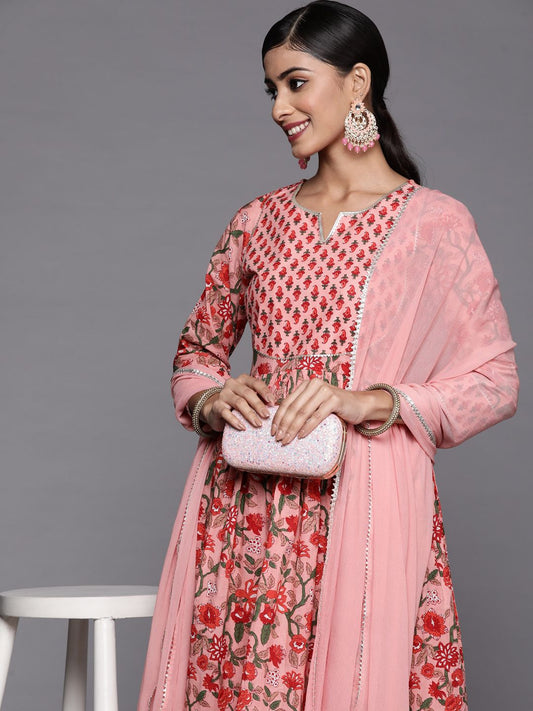 Dhiyona VA Women's Peach-Coloured Floral Printed Empire Gotta Patti Pure Cotton Kurta with Trousers & With