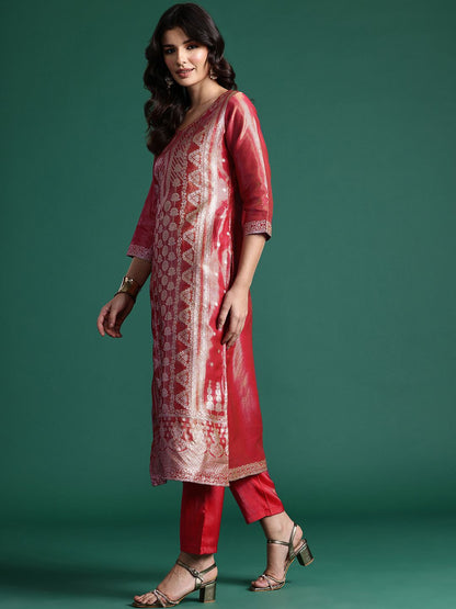 Women Ethnic Motifs Jacquard Zari Kurta with Trousers & With Dupatta