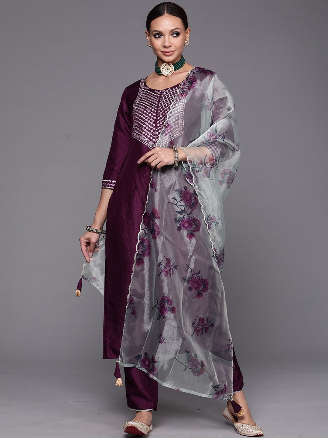 Dhiyona IE Floral Yoke Design Kurta With Trousers & Dupatta
