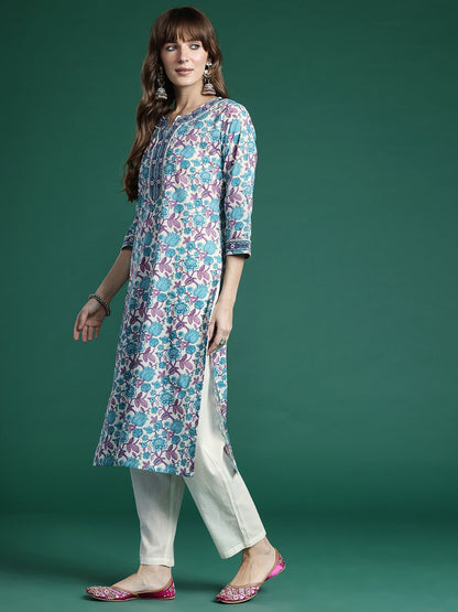 Dhiyona IE Floral Printed Regular Pure Cotton Kurta with Trousers & Dupatta
