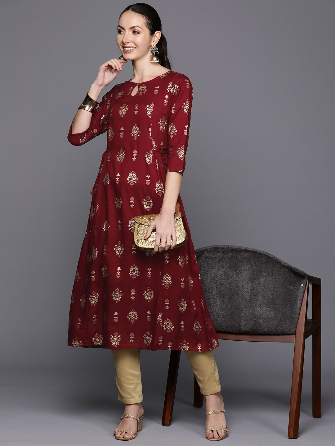 Dhiyona IE Ethnic Motifs Printed Tie-Up Detail A-Line Kurta