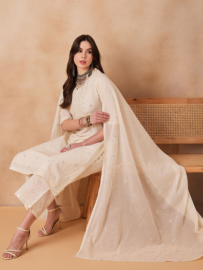 Dhiyona PD Women Floral Embroidered Pure Cotton Straight Kurta With Trouser & Dupatta