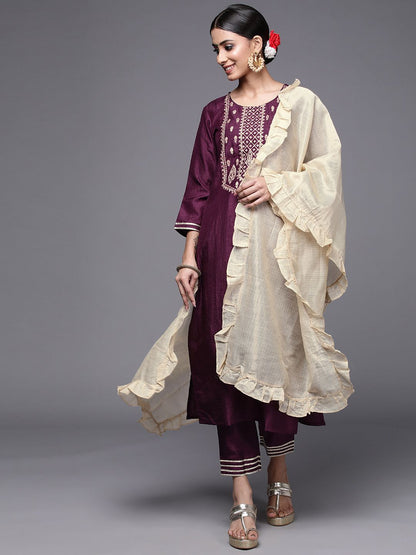 Dhiyona IE Women Purple & Cream Embroidered Gotta Patti Kurta with Trousers & Dupatta