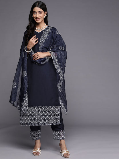 Women Navy Blue Embroidered Kurta with Trousers & With Dupatta