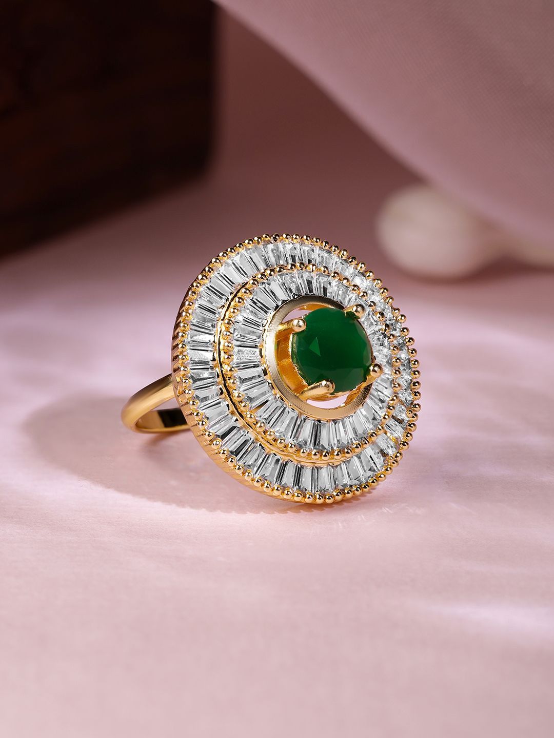 Dhiyona RJ Women's Premium 22k Gold-Plated Green Emerald and Zirconia Studded Adjustable Finger Ring