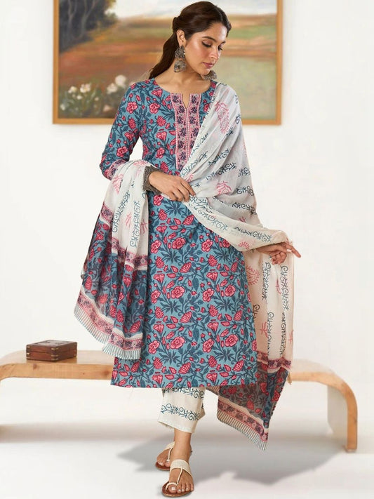 Women Floral Printed Regular Pure Cotton Kurta with Trousers & With Dupatta