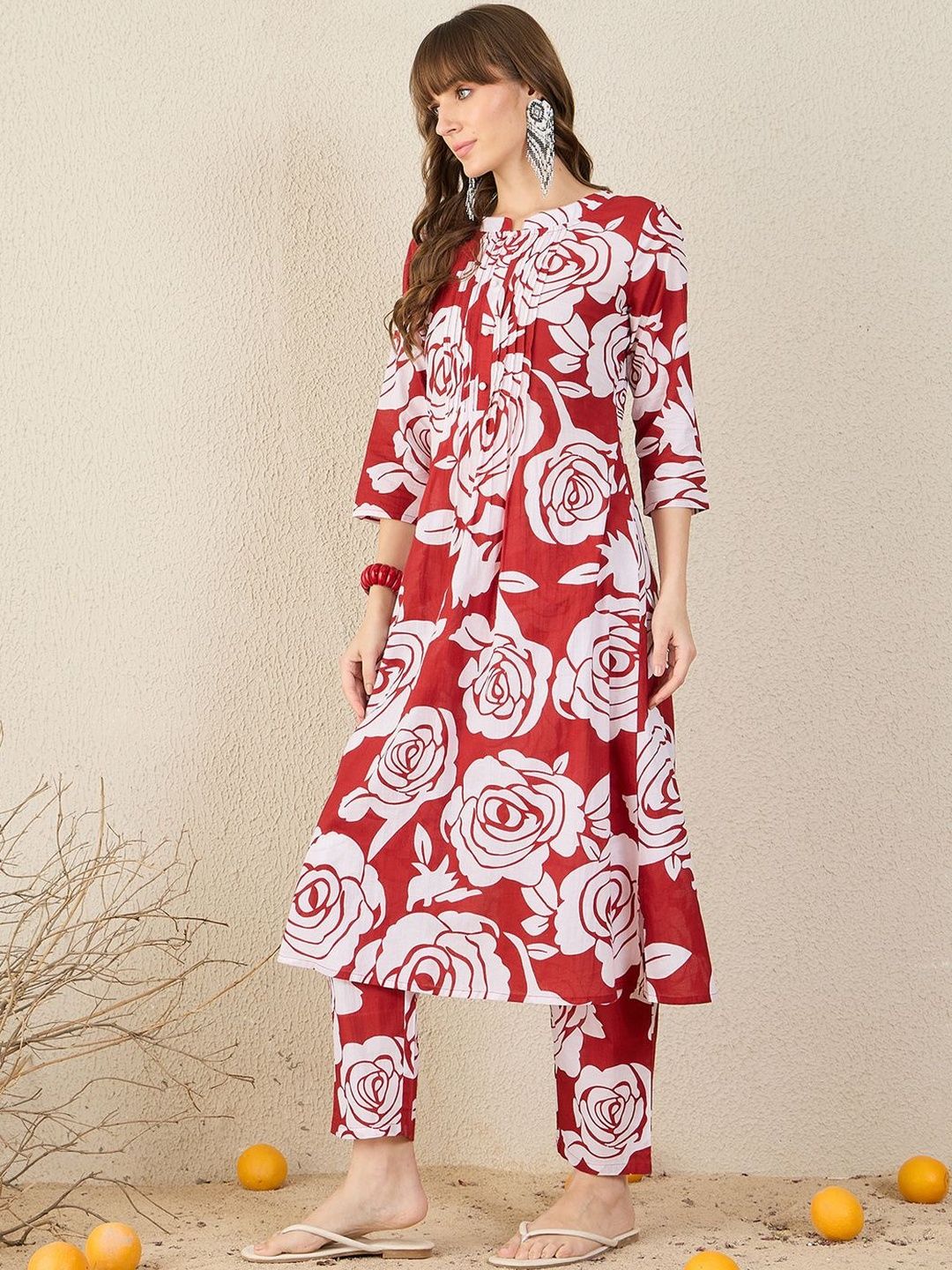 Floral Printed Pleated Mandarin Collar Pure Cotton A-Line Kurta with Trousers