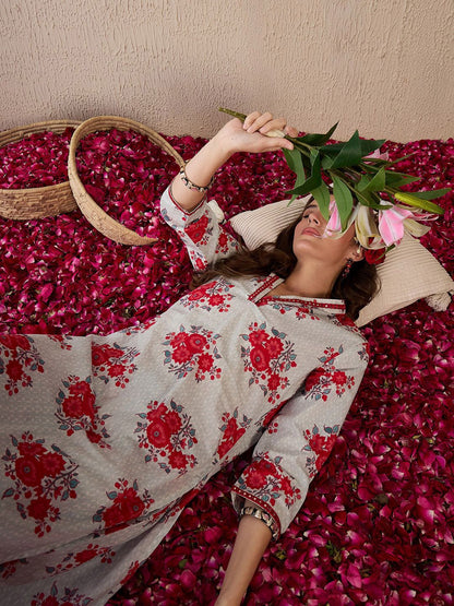 Dhiyona IE Women Floral Printed Regular Mirror Work Pure Cotton Kurta with Trousers