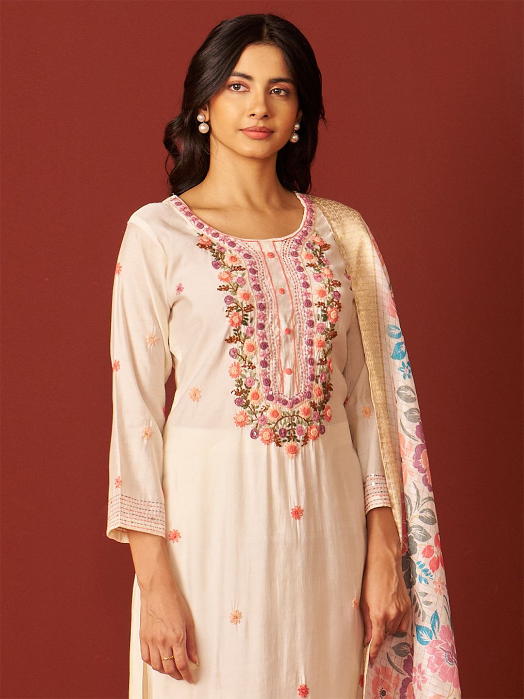 Floral Embroidered Thread Work Kurta With Trousers & Dupatta